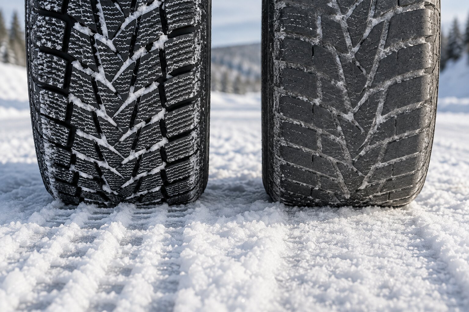 Battistrada invernali, uno profondo e lamellato e uno usurato, sulla neve compatta