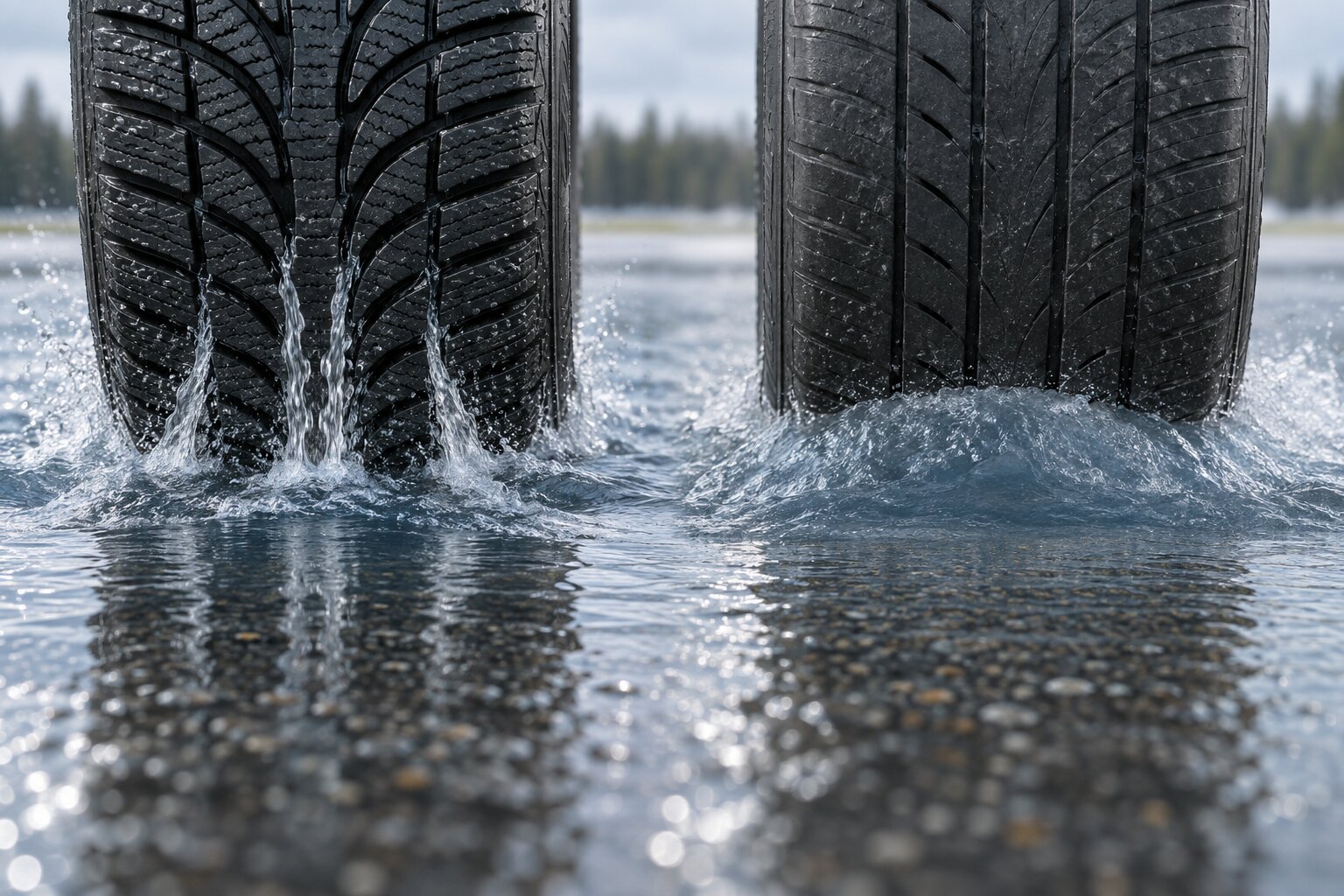 Battistrada profondo e poco profondo che attraversano affiancati acqua stagnante